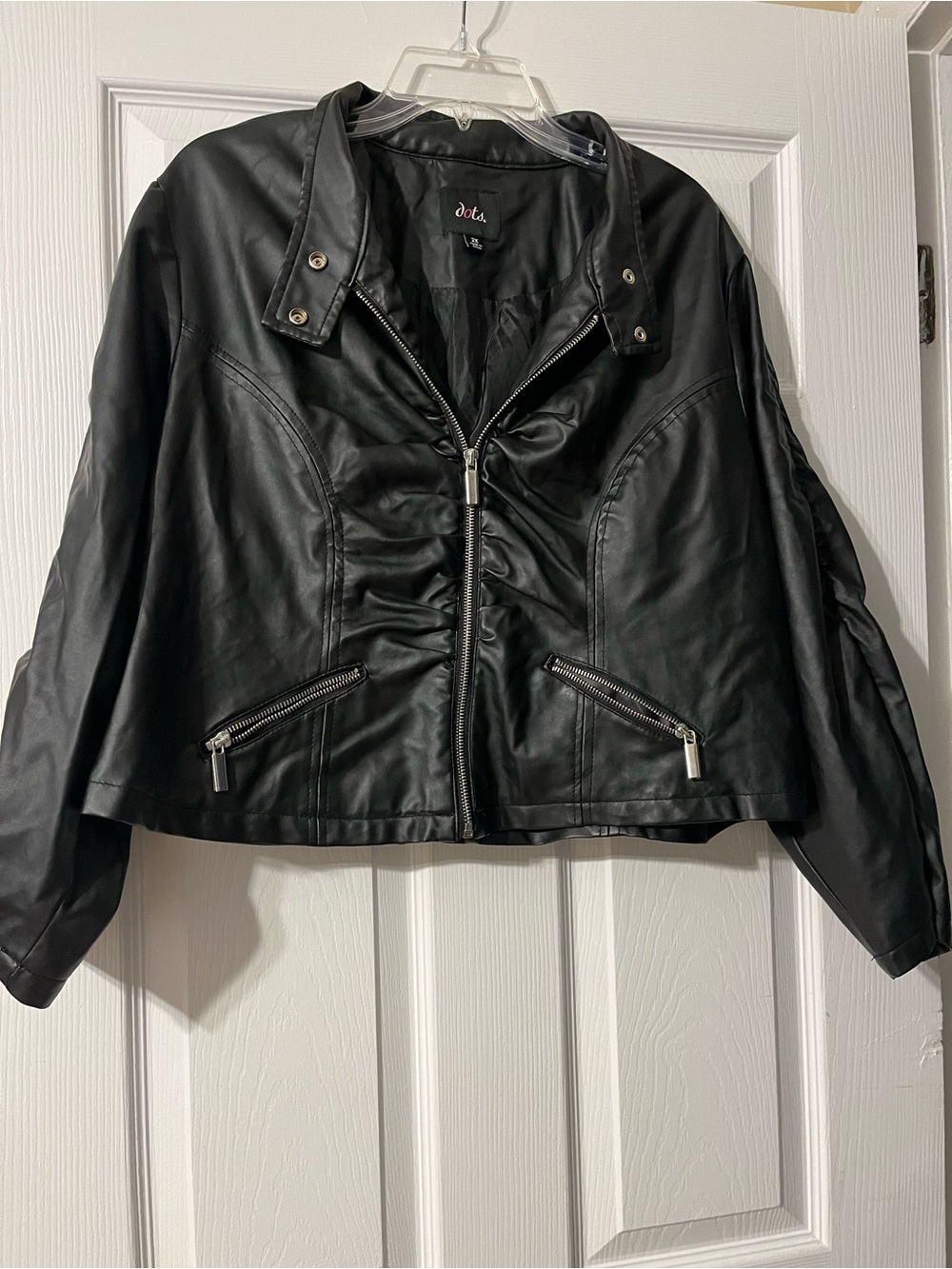 Dots Black Faux Leather Bomber Jacket with Zip Details